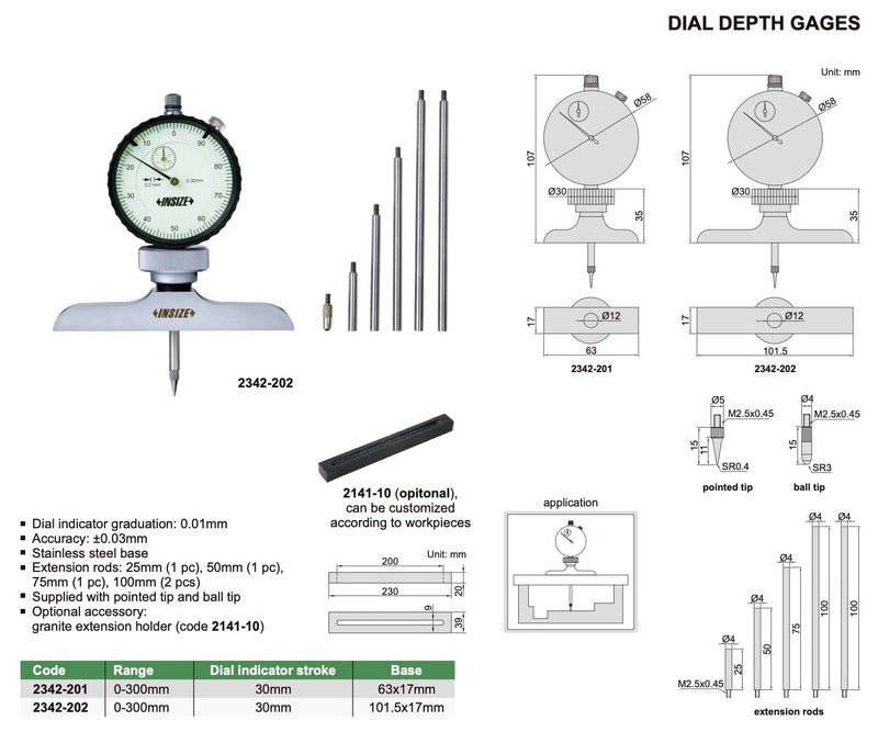Βαθύμετρο Ωρολογιακό Αναλογικό - Με προεκτάσεις Insize