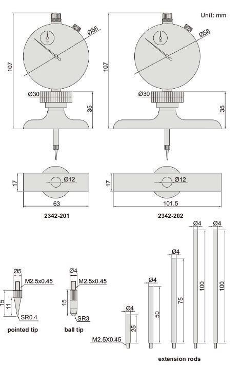 Βαθύμετρο Ωρολογιακό Αναλογικό - Με προεκτάσεις Insize