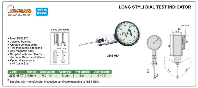 Ρολόι Γράφτη Κεντραρίσματος με μακριά ακίδα 27.4 mm Insize