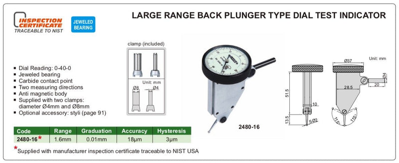 Ρολόι Γράφτη Κεντραρίσματος κάθετο μεγάλου εύρους 1.6 mm Insize