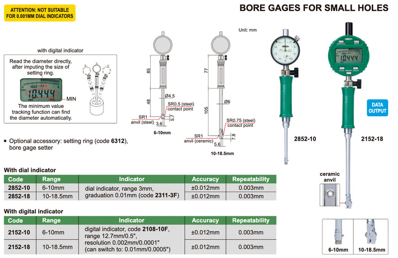 Κυλινδρομετρο για μικρές οπές από Ø6 mm Insize