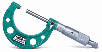 Insize 3209 long spindle micrometer with green frame and silver scale, long spindle and knurled thimble