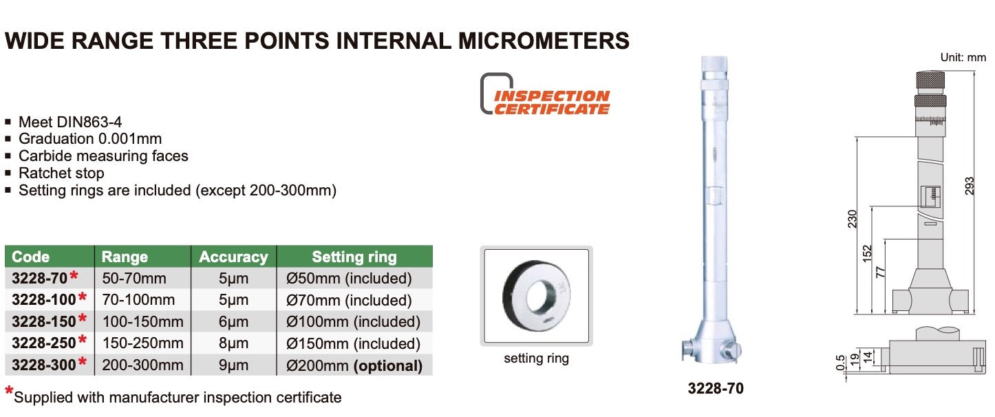 3228 - Μικρόμετρο Αναλογικό 3 επαφών μεγάλου εύρους -  0.001mm