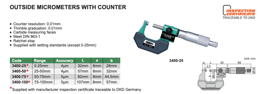 3400 - Μικρόμετρο με Counter 0.01mm