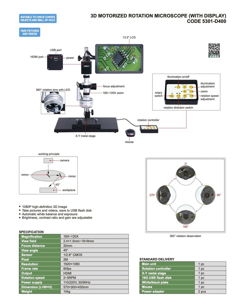 Mικροσκόπιο 3D Motorized Rotation 1080p Insize