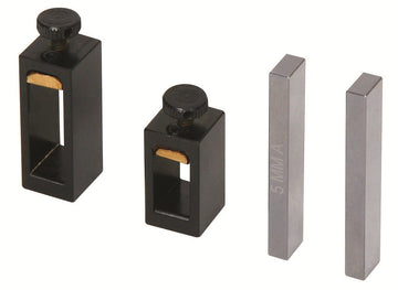 Insize 6884-A3 gauge block accessories, two black clamps with screw and two 5 mmA metal blocks