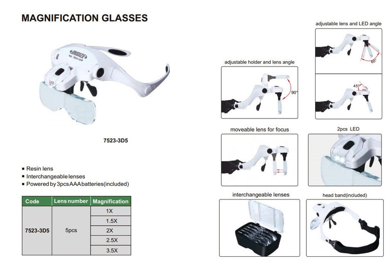Μεγεθυντικός Φακός Κεφαλής - 1x 1.5x 2x  2.5x 3.5x με LED Insize
