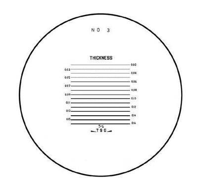Κυκλικό template Hogetex No 3 LOTE3-7x-D26 με κλίμακα THICKNESS και γραμμές μέτρησης πάχους 0,03–0,16 mm