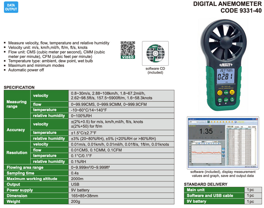 9331-40 - Ανεμόμετρο -Θερμόμετρο - Υγρασιόμετρο - Σημείο Δρόσου - Wet Bulb + Software για σύνδεση με PC