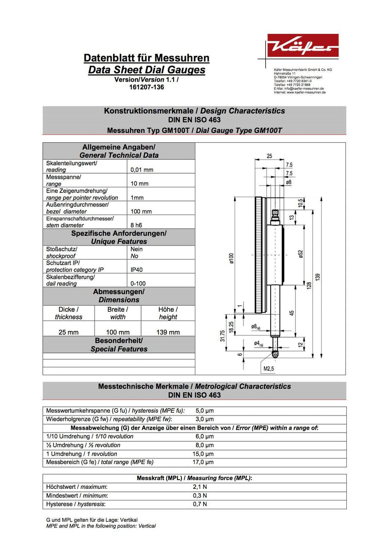 Μετρητικό Ρολόι Γράφτη Ø100 mm Kafer