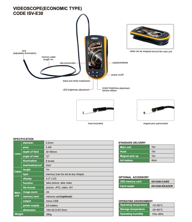 Eνδοσκοπική κάμερα με καλώδιο 1 m, διαμέτρου Ø5.2 mm Insize