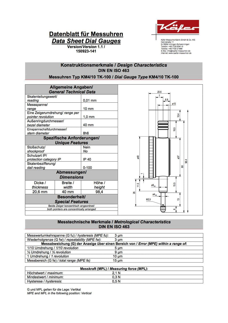 Μετρητικό Ρολόι Γράφτη - Μικρό  Ø40mm - με μεγάλο δεύτερο δείκτη Kafer