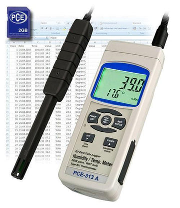 Υγρασιόμετρο/θερμόμετρο PCE Instruments PCE-313A με μεγάλη LCD, αισθητήρα σε καλώδιο και κάρτα SD 2GB data logger