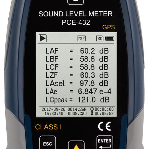 PCE-432-EKIT - Ηχόμετρο Περιβάλλοντος - Class I - GPS - USB - Με λειτουργία ζώνης οκτάβας(Octave Band)