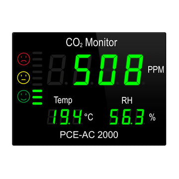 Μετρητής CO₂ χώρου PCE-AC 2000 με μαύρη πρόσοψη και πράσινη LED ένδειξη CO₂, θερμοκρασίας και RH%
