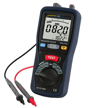 PCE Instruments PCE-IT100 insulation resistance tester with large display, rotary selector and red test leads...