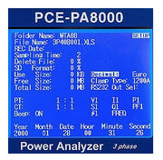 Αναλυτής ισχύος PCE Instruments PCE-PA 8000 με μπλε οθόνη LCD και μενού ρυθμίσεων, Power Analyzer 3 phase
