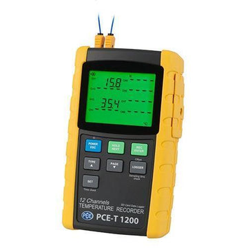 Θερμόμετρο επαφής PCE Instruments PCE‑T 1200, κίτρινο καταγραφικό 12 καναλιών με πράσινη οθόνη LCD και πλήκτρα logger
