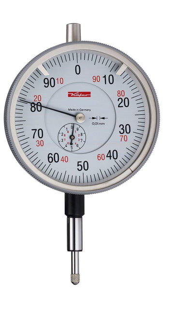 Μετρητικό ρολόι γράφτη Kafer GM 100 T Ø100 mm, λευκό καντράν με κόκκινες/μαύρες ενδείξεις και ακίδα μέτρησης 0,01 mm
