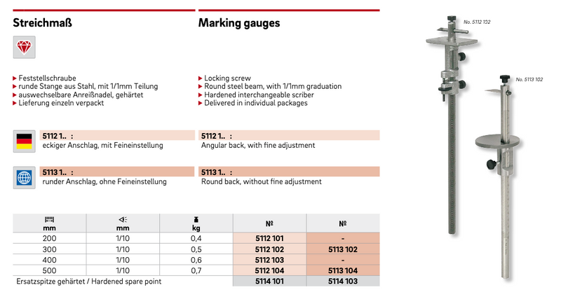 Τεχνικά χαρακτηριστικά 5112 - Χαράκτης Ακριβείας με Βερνιέρο 0.1 mm