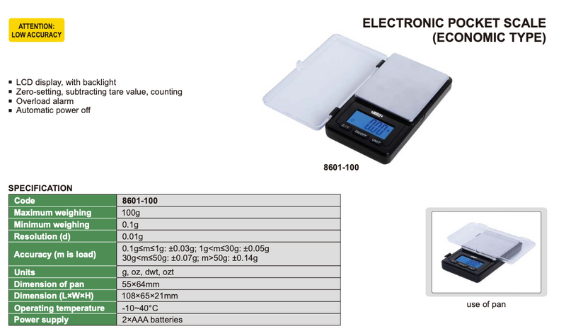 Ζυγός Τσέπης εώς 100 gr με ανάγνωση 0.1 gr Insize