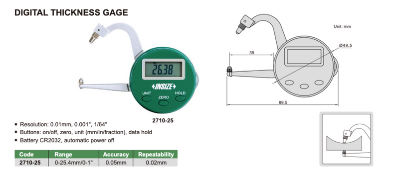 Παχύμετρο Ψηφιακό για μέτρηση τοιχώματος Insize