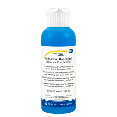Μπουκάλι gel σύζευξης υπερήχων PCE TT-GEL 100 ml, μπλε με λευκό καπάκι και ετικέτα PCE