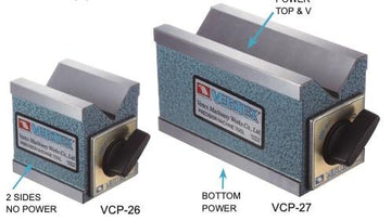 Vertex VCP-26 magnetic V-block, blue body with black switch and V-shaped clamping surfaces